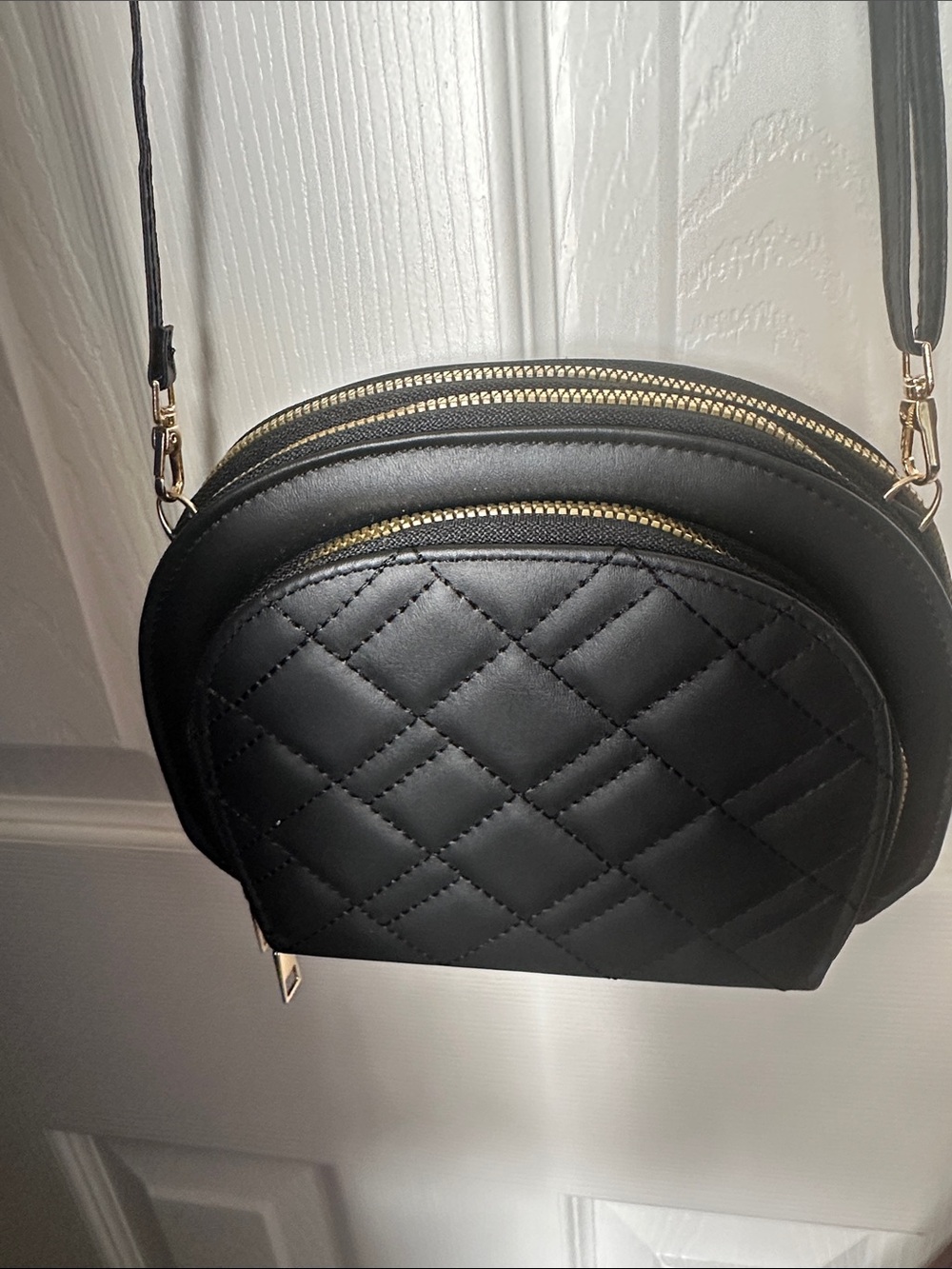 Quilted Black Crossbody Bag with Gold Zippers